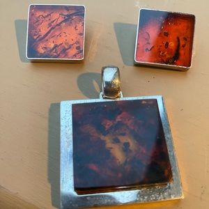 Fabulous Amber Pendant and Clip on Earring Set